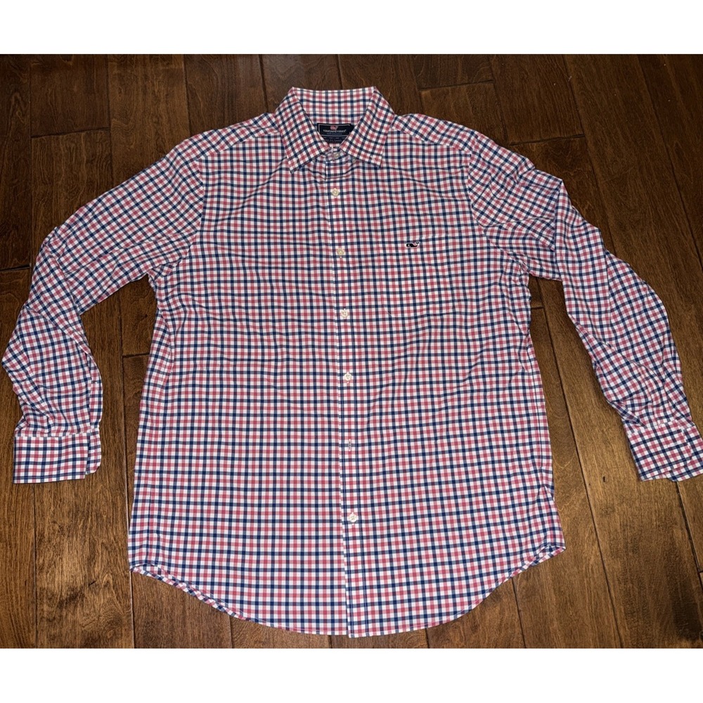 Vineyard Vines Shirt Mens Large Red Blue Check Classic Fit Tucker Performance